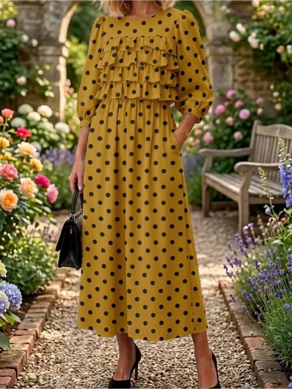 Polka Dot Ruffle Maxi Dress - Mustard